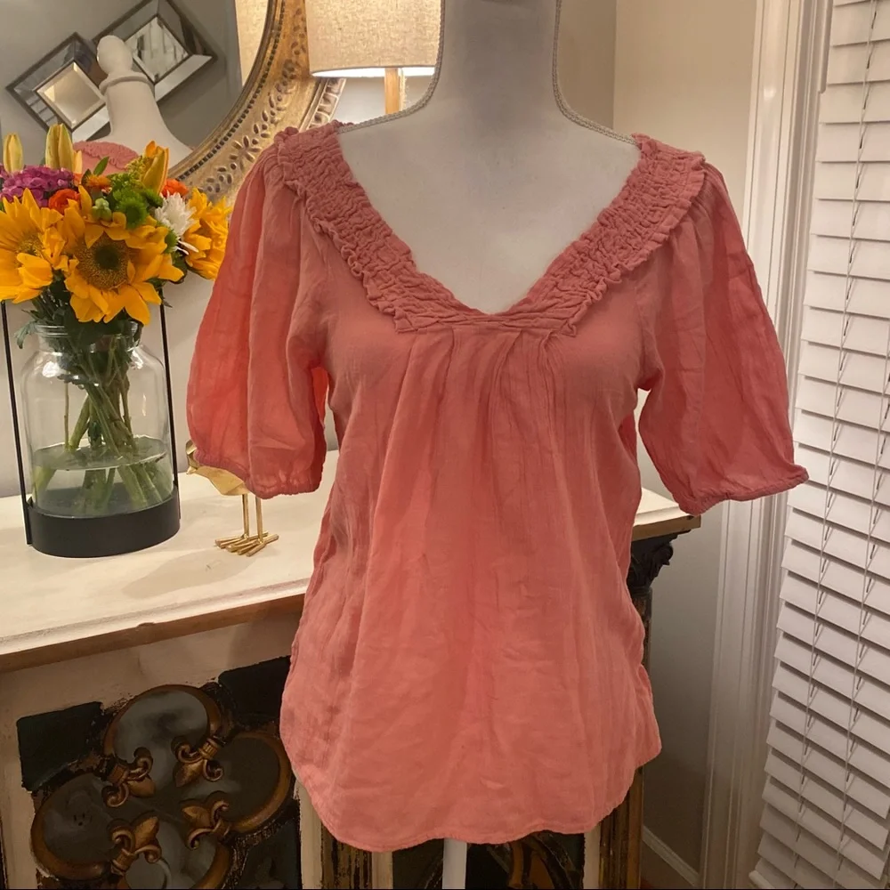 Nine West Pink Gauzy Top Small S Boho Peasant Blouse Lightweight Cotton - Picture 2 of 4